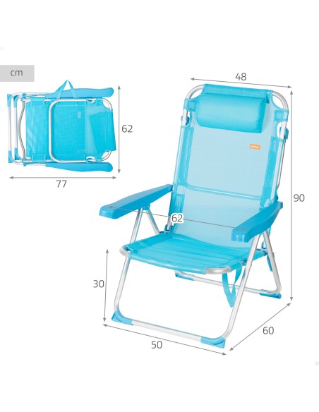 Pack 2 cadeiras de praia altas multiposições 48x60x90 cm azuis