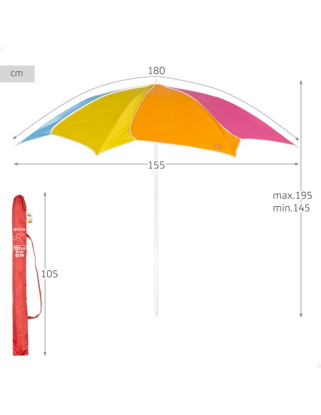 Guarda-sol de praia reclinável com proteção UV50 multicolorido 180 cm de diâmetro