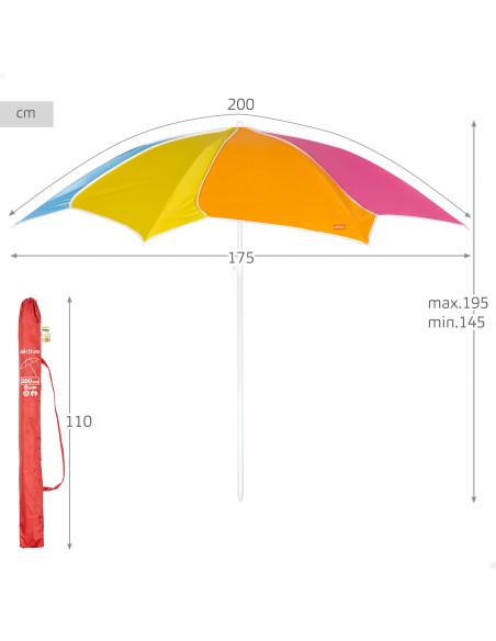 Guarda-sol de praia D200 multicolorido e inclinável com proteção UV50.