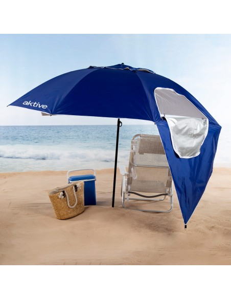 Guarda-sol de praia à prova de vento com 8 varetas, 240 cm, azul, com quebra-vento