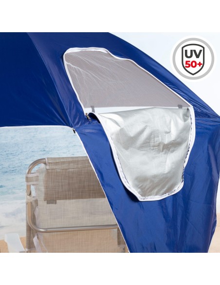 Guarda-sol de praia à prova de vento com 8 varetas, 240 cm, azul, com quebra-vento