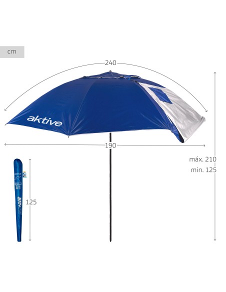 Guarda-sol de praia à prova de vento com 8 varetas, 240 cm, azul, com quebra-vento