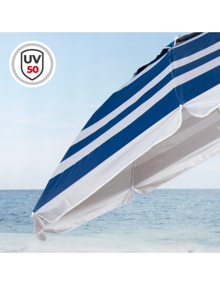 Guarda-chuva de praia à prova de vento 8 varas 210 cm riscas de marinheiro com mesa