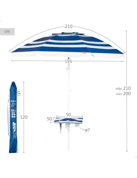 Guarda-chuva de praia à prova de vento 8 varas 210 cm riscas de marinheiro com mesa
