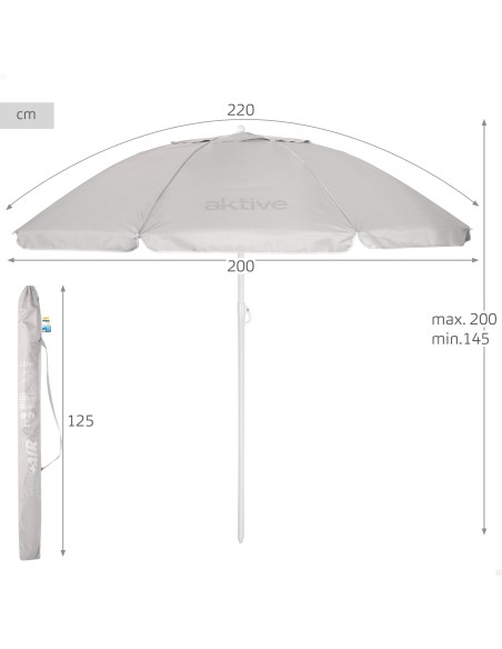 Guarda-sol de praia 8 varas 220 cm cinzento guarda-sol basculante UV50