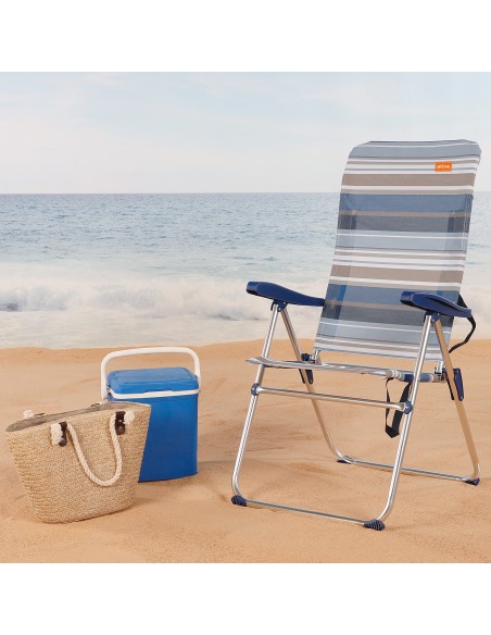 Cadeira de praia alta com múltiplas posições, 47x62x90 cm, listrada.