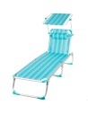 Espreguiçadeira de praia multifuncional 186x49x30 cm turquesa com guarda-sol e almofada