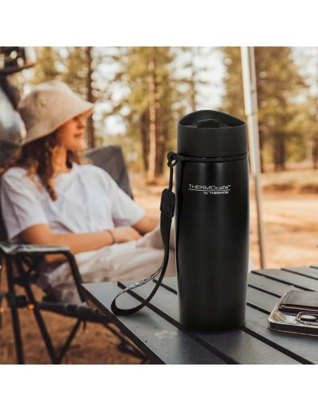 Garrafa térmica de aço inoxidável Thermos de 350 ml preta com alça de transporte