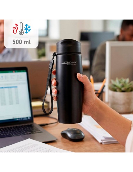 Garrafa térmica de aço inoxidável Thermos de 500 ml preta com alça de transporte