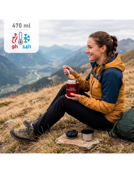Garrafa térmica para alimentos Thermos 470 ml em aço inoxidável vermelho com colher dobrável
