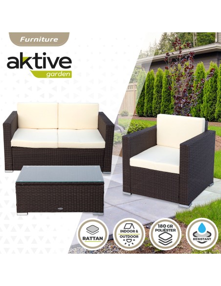 Conjunto de móveis de pátio com poltronas de vime, sofá e mesa de centro Aktive
