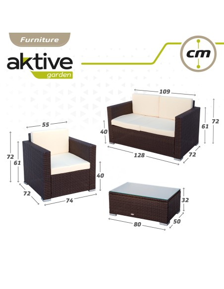 Conjunto de móveis de pátio com poltronas de vime, sofá e mesa de centro Aktive