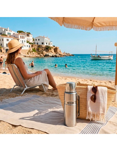 Garrafa térmica Thermos de aço inoxidável 1,2L prateada com pega