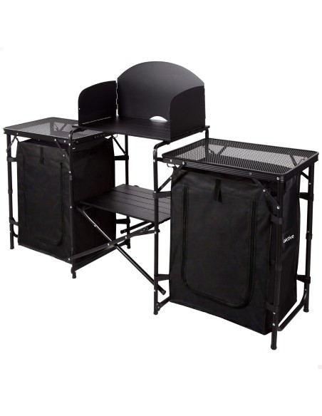 Armário de cozinha dobrável para camping, 175x48x110 cm, com para-brisa, armários e prateleiras