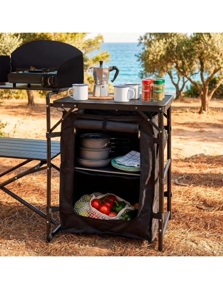 Armário de cozinha dobrável para camping, 175x48x110 cm, com para-brisa, armários e prateleiras