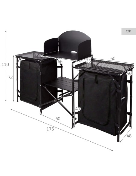 Armário de cozinha dobrável para camping, 175x48x110 cm, com para-brisa, armários e prateleiras