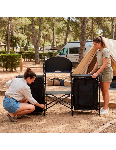 Armário de cozinha dobrável para camping, 175x48x110 cm, com para-brisa, armários e prateleiras