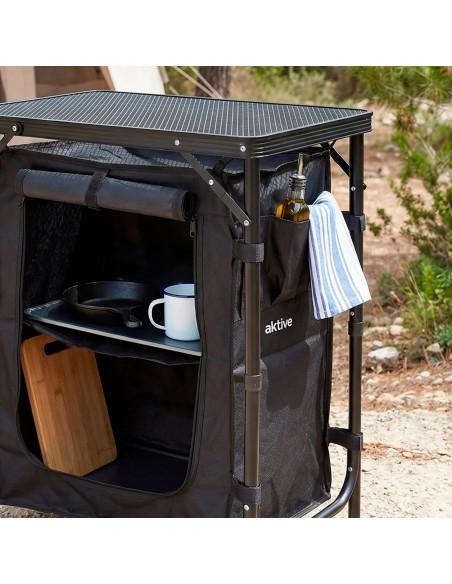 Armário de cozinha dobrável para camping, 175x48x110 cm, com para-brisa, armários e prateleiras
