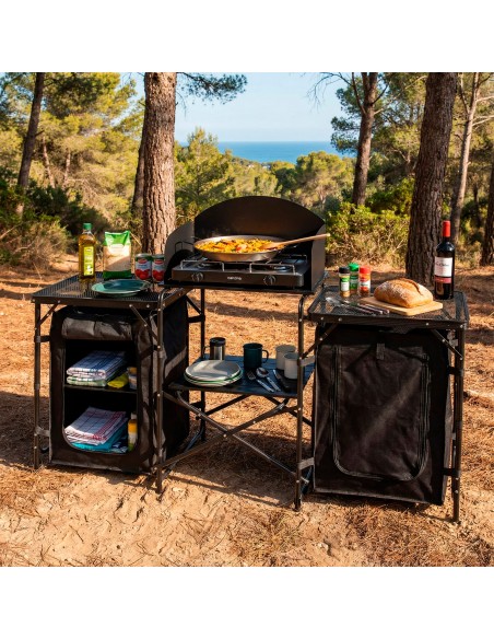 Armário de cozinha dobrável para camping, 175x48x110 cm, com para-brisa, armários e prateleiras