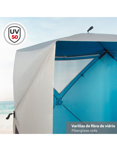 Paravientos y carpa de playa Pop Up azul 165x165x183 cm