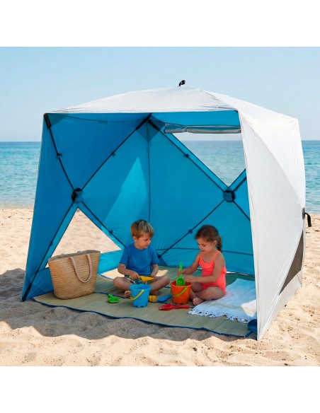 Paravientos y carpa de playa Pop Up azul 165x165x183 cm