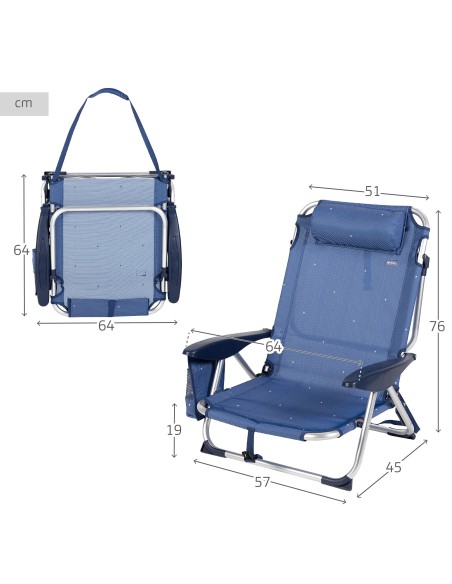 Pack de 2 cadeiras de praia multiposição XL baixas 51x45x76 cm azul marinho