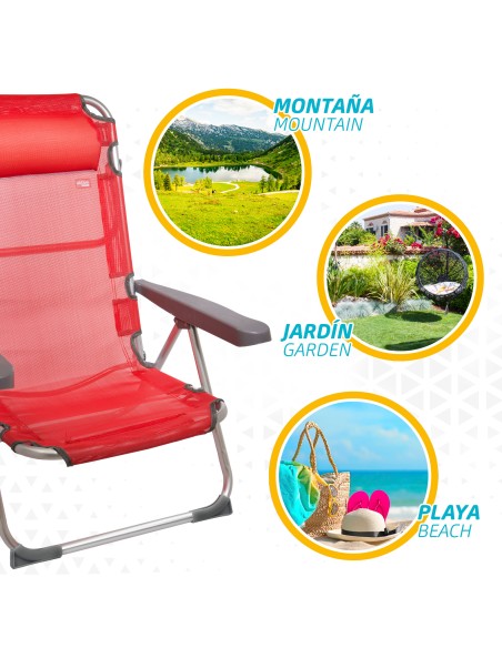 Pack de 2 cadeiras de praia baixas multiposições 48x60x90 cm vermelhas com almofada