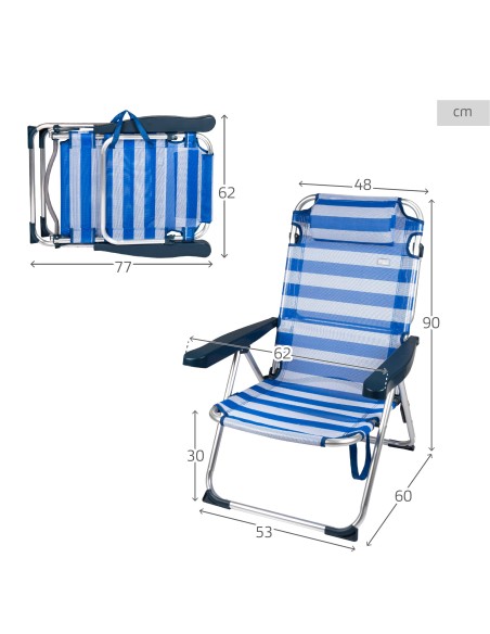 Pack 2 cadeiras de praia multiposições 48x60x90 cm riscas de marinheiro