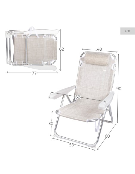 Pack 2 cadeiras de praia multiposições 48x60x90 cm bege
