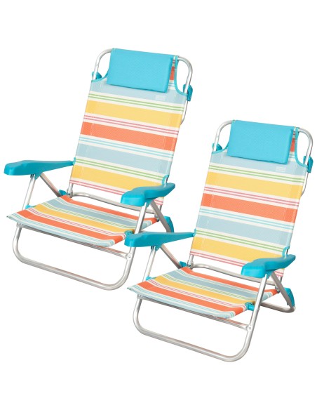 Pack 2 Cadeiras de praia baixas multiposições 48x50x80 cm riscas coloridas