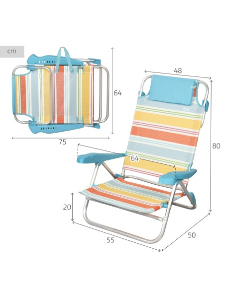 Pack 2 Cadeiras de praia baixas multiposições 48x50x80 cm riscas coloridas