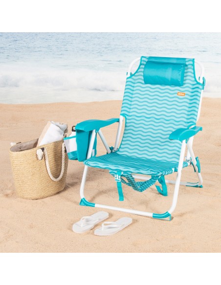 Cadeira de praia multifuncional 48x58x76 cm ondas azuis com bolsos