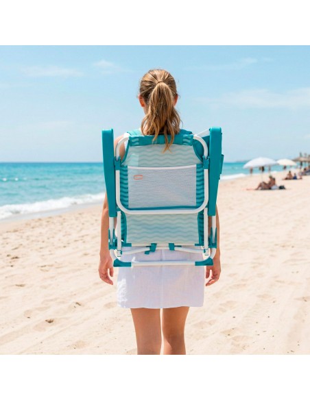 Cadeira de praia multifuncional 48x58x76 cm ondas azuis com bolsos
