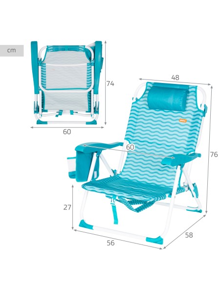 Cadeira de praia multifuncional 48x58x76 cm ondas azuis com bolsos