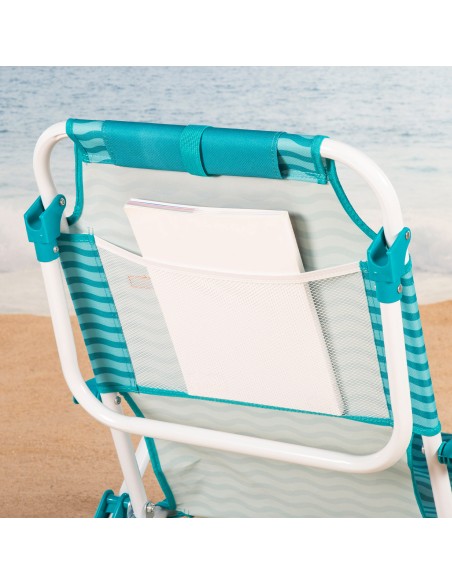 Cadeira de praia multifuncional 48x58x76 cm ondas azuis com bolsos