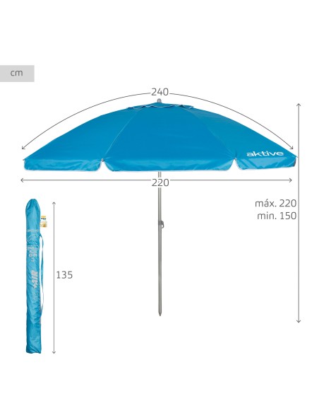 Guarda-sol de praia antivento com 8 varetas, 240 cm, azul