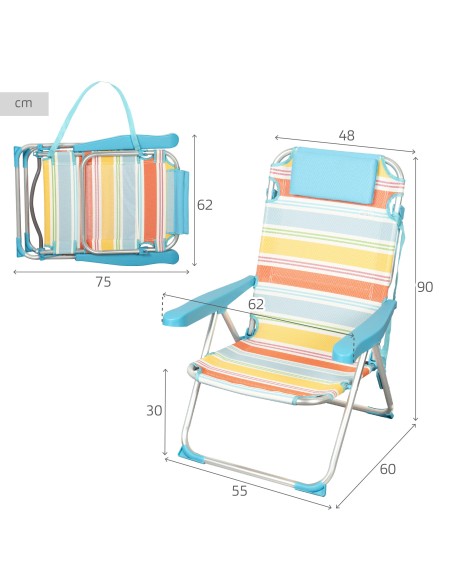 Pack de 2 cadeiras de praia multiposições 48x60x90 cm com riscas coloridas