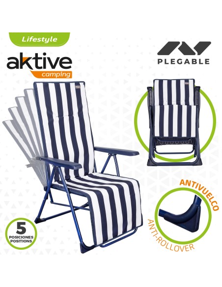 Pack de 2 espreguiçadeiras dobráveis 147x48x70 cm com riscas náuticas