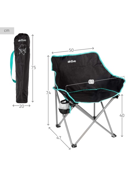 Pack de 2 cadeiras de campismo dobráveis pretas 50x47x74 cm com porta-copos