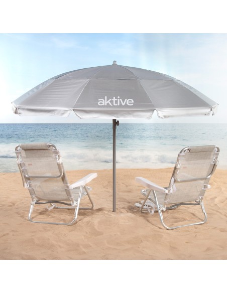 Guarda-sol de praia, 10 varetas, 220 cm, cinza, inclinável, UV50