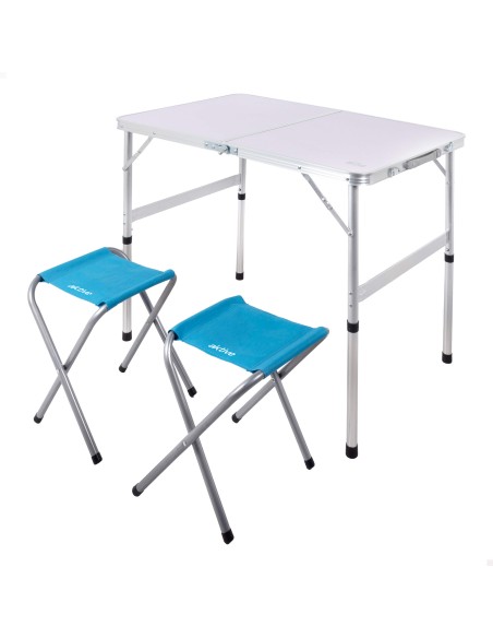 Mesa dobrável com altura ajustável e 2 banquetas