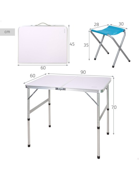 Mesa dobrável com altura ajustável e 2 banquetas