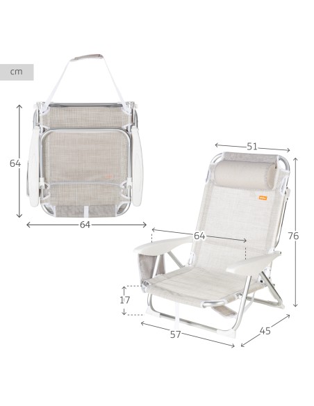 Cadeira de praia baixa multiposição XL 51x45x76 cm bege