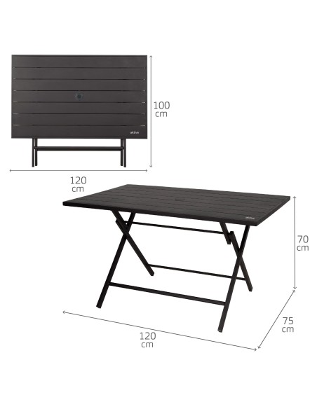 Mesa de jardim dobrável com furo para guarda-chuva 120x75x70 cm preta