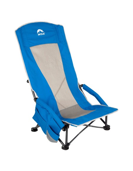 Silla plegable baja y transpirable azul con posavasos