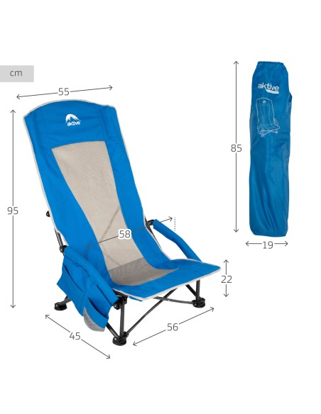 Silla plegable baja y transpirable azul con posavasos