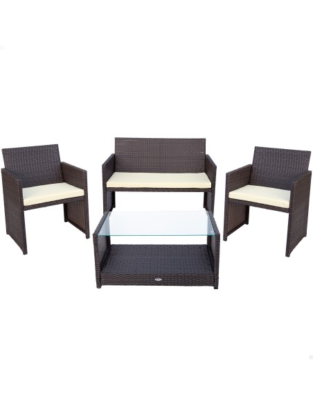 Conjunto de mesa baixa com prateleira, 2 cadeiras e 1 sofá de jardim de vime