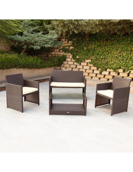 Conjunto de mesa baixa com prateleira, 2 cadeiras e 1 sofá de jardim de vime