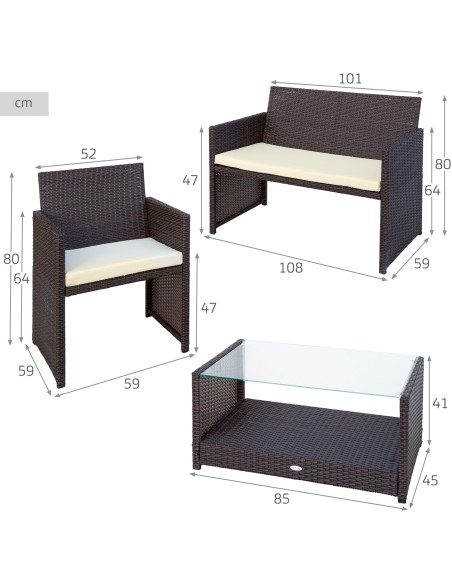 Conjunto de mesa baixa com prateleira, 2 cadeiras e 1 sofá de jardim de vime