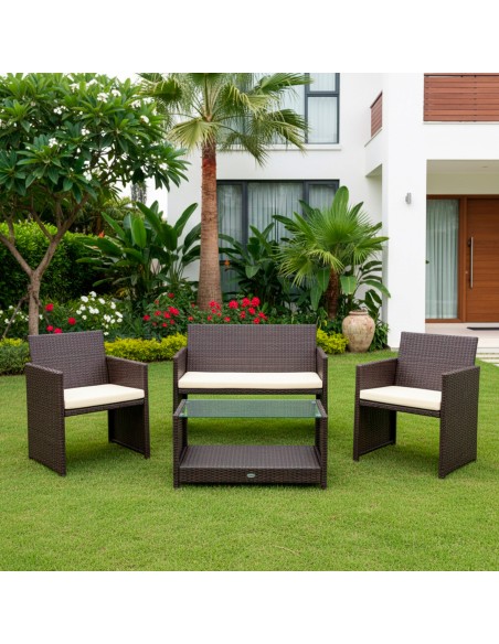 Conjunto de mesa baixa com prateleira, 2 cadeiras e 1 sofá de jardim de vime